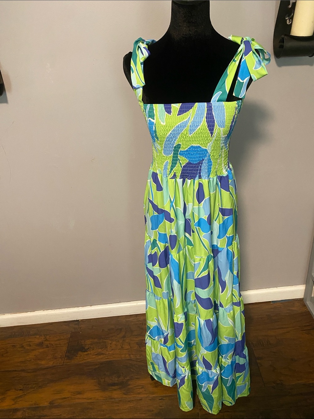 SHEIN Lime Green & Blue Tie-Shoulder Smocked Maxi Dress